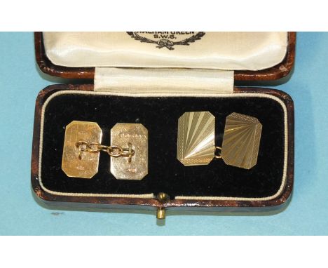 A pair of 9ct gold cufflinks with engine-turned decoration, 3.4g, (boxed). 