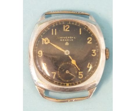 A Universal, Genève, chrome-plated steel-cased wrist watch, the black face with Arabic numerals and seconds subsidiary, the 2