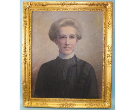 A Gilodi PORTRAIT OF A LADY WEARING A BLACK DRESS WITH WHITE COLLAR TRIM AND JET NECKLACE Signed oil on board, 57 x 48cm, in 