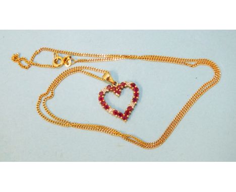 A small ruby and diamond heart pendant set eighteen round-cut rubies and four 8/8-cut diamond points, in 9ct gold mount, on 9