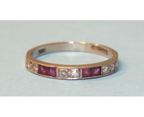 A ruby and diamond half-eternity ring set three pairs of 8/8-cut diamonds and two pairs of square-cut rubies, in 18ct white g