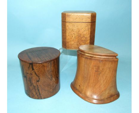 A rectangular poker-work tea caddy decorated with roses, 13cm high, 12cm wide, a propeller section tea caddy, 14cm high and a