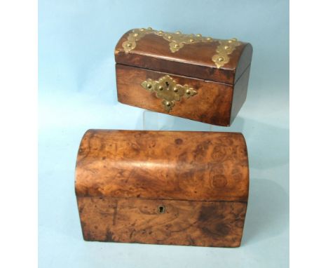 A Victorian burr walnut two-division tea caddy with domed lid, 21cm wide and a brass-bound walnut domed tea caddy, 20cm wide,