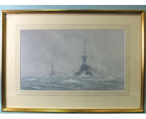 After A B Cull, 'Two warships at sea', a framed, limited-edition coloured lithograph, 34 x 59cm. 