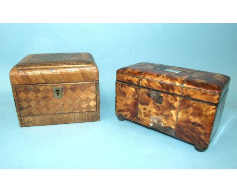A 19th century straw-work tea caddy, 16cm wide, 12cm high, (losses) and a tortoiseshell two-division tea caddy, 18 x 11cm, (b
