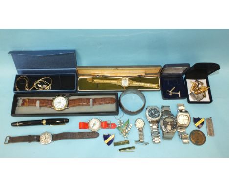 A silver hinged bangle, (a/f), a silver ingot pendant, a Seiko 5 Automatic wrist watch, other wrist watches, cufflinks, etc. 