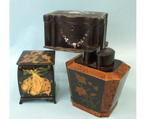 A Japanese lacquered two-division tea canister with twin half-round lids and decorated with panels of flowers, 15cm high, a V