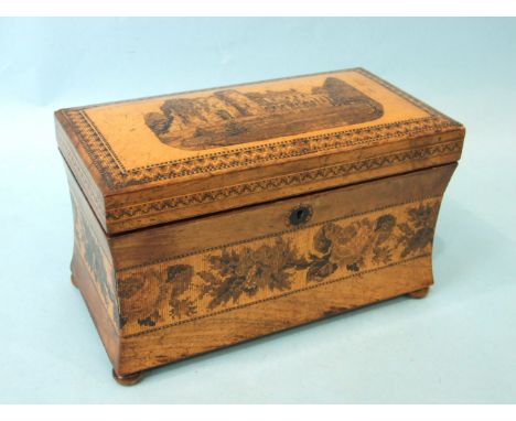 A Tunbridge ware two-division tea caddy, the hinged lid depicting an abbey, the concave box with a band of foliate decoration