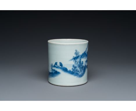 Fullt title: A Chinese blue and white 'landscape' brush pot, probably KangxiDescription: H.: 10,5 cm - Dia.: 10 cm Condition: