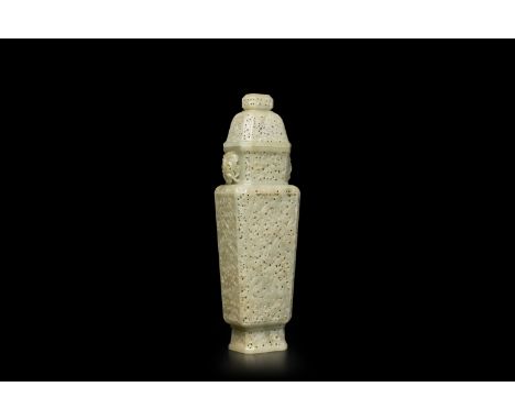 Fullt title: A Chinese reticulated celadon jade vase and cover, RepublicDescription: H.: 42 cm  Weight: 1572 grams