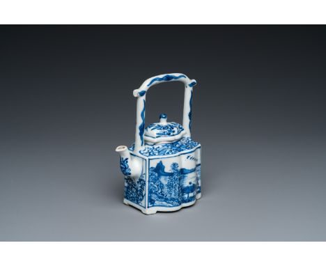 Fullt title: A Chinese blue and white 'landscape' teapot and cover, KangxiDescription: H.: 13,5 cm - L.: 10 cm Condition: (UV