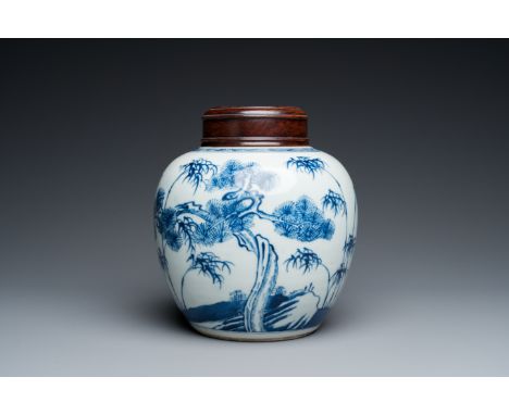 Fullt title: A Chinese blue and white 'three friends of winter' jar, KangxiDescription: H.: 21,5 cm (incl. lid)H.: 18,5 cm (t