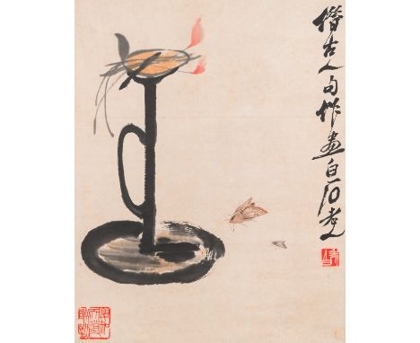 Fullt title: After Qi Baishi ___ (1864-1957): 'Oil lamp and moths', ink and colour on paperDescription: Dim.: 126 x 44 cm (th
