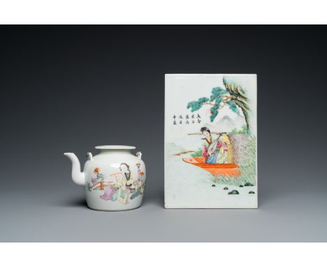 Fullt title: A Chinese famille rose plaque and a qianjiang cai teapot, 19/20th C.Description: Dim.: 25 x 17,5 cm (the plaque)
