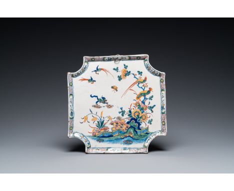 Fullt title: A polychrome Dutch Delft Kakiemon-style plaque with a tiger in a Japanese garden, 18th C.Description: Dim.: 26,5