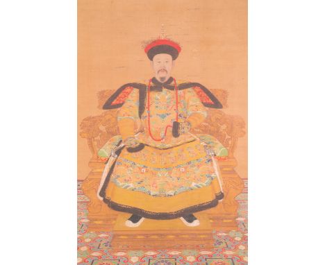 Fullt title: Chinese school: 'Portrait of emperor Yongzheng', ink and colour on silk, QingDescription: Dim.: 235 x 99,5 cm (t