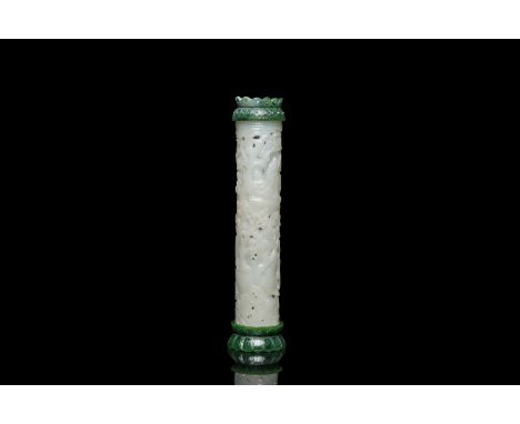 Fullt title: A Chinese white jade parfumier with spinach green jade cover and base, QingDescription: H.: 23 cm