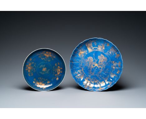 Fullt title: Two Chinese gilt-decorated powder-blue dishes, KangxiDescription: Dia.: 22 cm - 27 cm Provenance:- The collectio