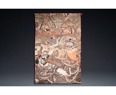 Fullt title: A large Chinese silk and metallic thread embroidered wall tapestry with an opera scene, 19th C.Description: Dim.