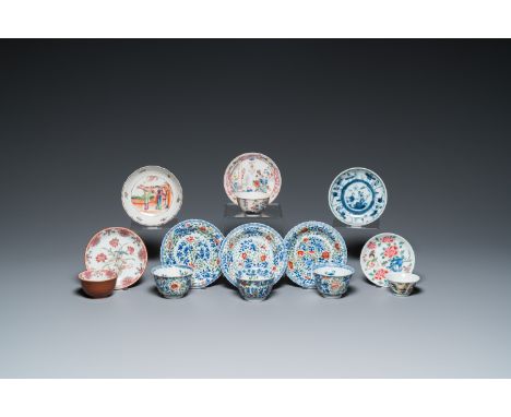 Fullt title: Eight Chinese blue and white, famille rose and verte saucers and six cups, Kangxi and laterDescription: Dia.: 8 