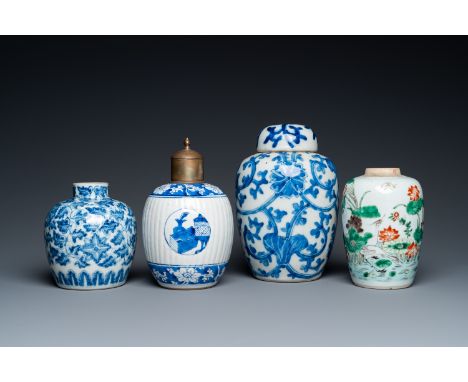 Fullt title: Three Chinese blue and white vases and one in famille verte, Kangxi and laterDescription: H.: 19,5 cm (the talle