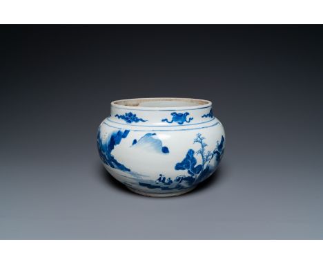 Fullt title: A Chinese blue and white bowl with figures in a landscape, KangxiDescription: Dia.: 19 cm (top rim)H.: 16 cm Con