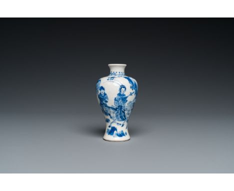 Fullt title: A fine Chinese blue and white soft paste miniature 'meiping' vase, KangxiDescription: H.: 11 cm Condition: (UV-c