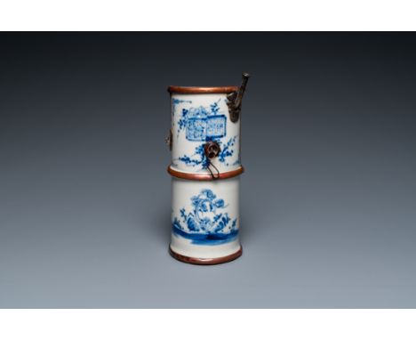 Fullt title: A Vietnamese copper-mounted blue and white water pipe, 19th C.Description: H.: 21 cm Condition: (UV-checked)- Ge