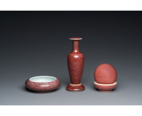 Fullt title: A Chinese monochrome copper-red box, a peachbloom-glazed vase on stand and a brush washer, Kangxi and Yongzheng 