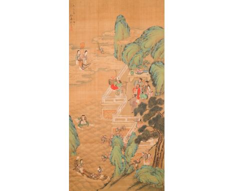 Fullt title: Chinese school, after Zhou Chen (1460-1535): River scene with immortals, ink and colour on silk, 18th C.Descript