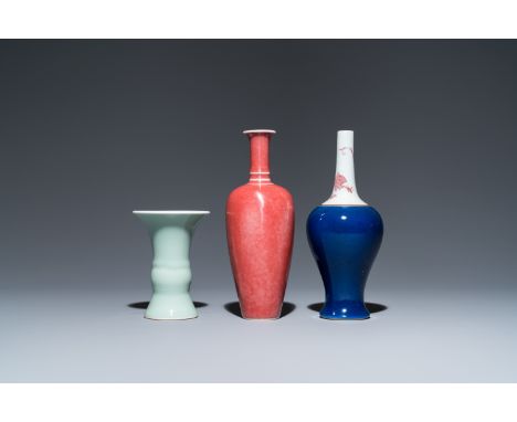 Fullt title: Three Chinese blue-, celadon- and copper-red-glazed vases, Kangxi marks, 19/20th C.Description: H.: 21 cm - 21 c
