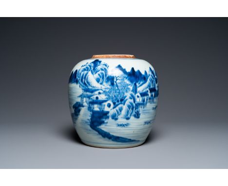 Fullt title: A Chinese blue and white 'mountainous landscape' jar, Kangxi/QianlongDescription: H.: 21,5 cm Condition: (UV-che