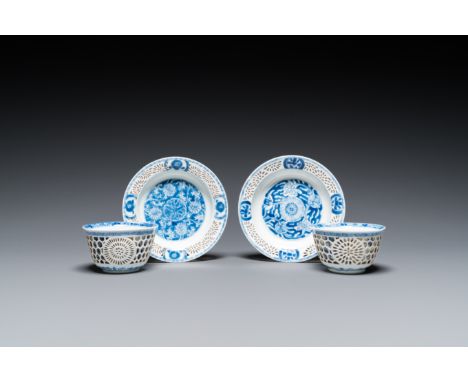 Fullt title: A pair of Chinese blue and white reticulated double-walled cups and saucers, KangxiDescription: Dia.: 13,5 cm (t