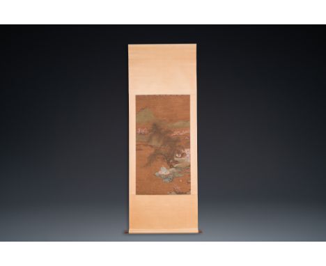 Fullt title: Chinese school: 'Landscape with fisherman', ink and colour on silk, QingDescription: Dim.: 218 x 79 cm (the scro