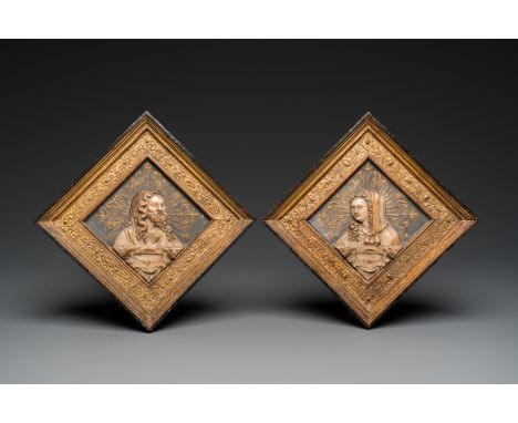 Fullt title: A pair of rare rhombus-shaped Malines alabaster portrait carvings, signed Tobias Tissenaken, end of the 16th C.D