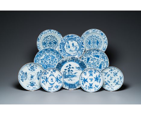 Fullt title: Ten Chinese blue and white dishes and plates, Kangxi and laterDescription: Dia.: 31 cm (the largest)Dia.: 22 cm 