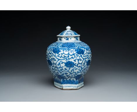 Fullt title: A Chinese hexagonal blue and white 'lotus scroll' vase and cover, WanliDescription: H.: 26 cm Provenance:- A Bel