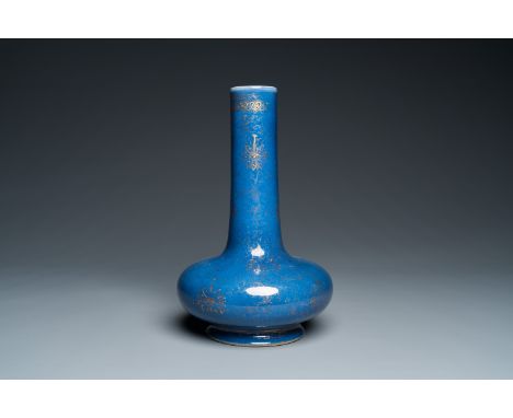 Fullt title: A Chinese gilt-decorated powder-blue bottle vase, Kangxi mark but probably laterDescription: H.: 31,5 cm Conditi