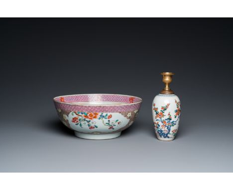 Fullt title: A Chinese famille verte vase mounted as a lamp and a famille rose bowl, Kangxi and QianlongDescription: Dia.: 25