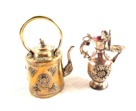 An Oriental Silver plated teapot with monkey lid plus a Tibetan Silver plated water dipper