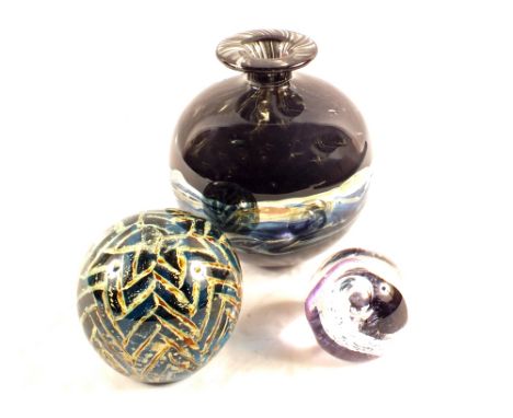 A signed Art Glass vase, two paperweights plus an owl sculpture