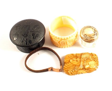 A Bog Oak box, hair bracelet Gold mounted, Aztec item in bone, Silver top jar and an Ivory napkin ring