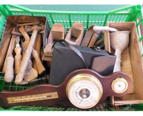 Pathescope 16x50 binoculars, various wood working tools plus a barometer