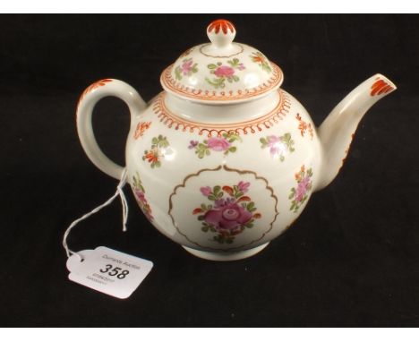 A Lowestoft polychrome teapot and cover in Curtis pattern, central rose within cartouche, height 5 1/2", light star crack to 