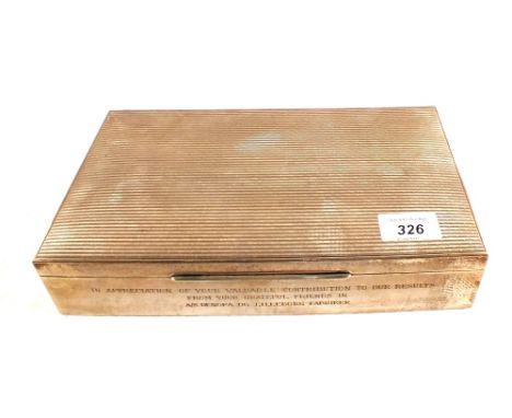 A large engine turned Silver box with presentation inscription, stamped Sterling 925