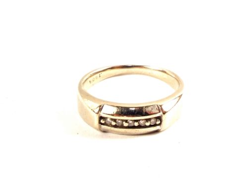 A heavy 9ct Gold band ring set with five small Diamonds, size R