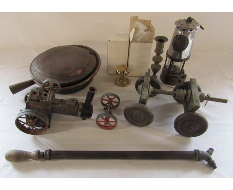 Miners lamp (glass broken), copper warming pan, traction engine, pump, brass door handles etc