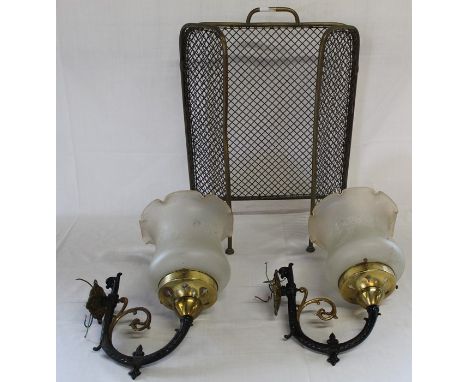 Pair of large Victorian style wall lights with etched glass shades &amp; a folding brass firescreen