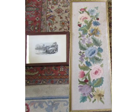 Large framed floral tapestry panel 116 cm x 41 cm and a framed print 'The first locomotive passing Great Grimsby Church on th