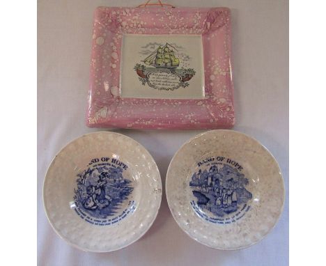 19th century Albion pottery Sunderland lustre plaque 23.5 cm x 21 cm and a pair of 19th century 'Band of Hope' plates D 17 cm
